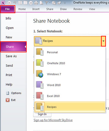 share onenote notebook android